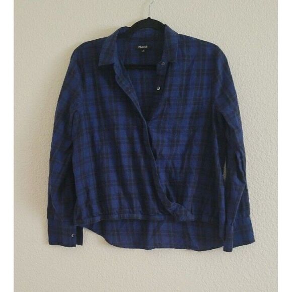Madewell Wrap Front Plaid Shirt Navy  Long Sleeve Size Medium H3254 - Picture 8 of 8